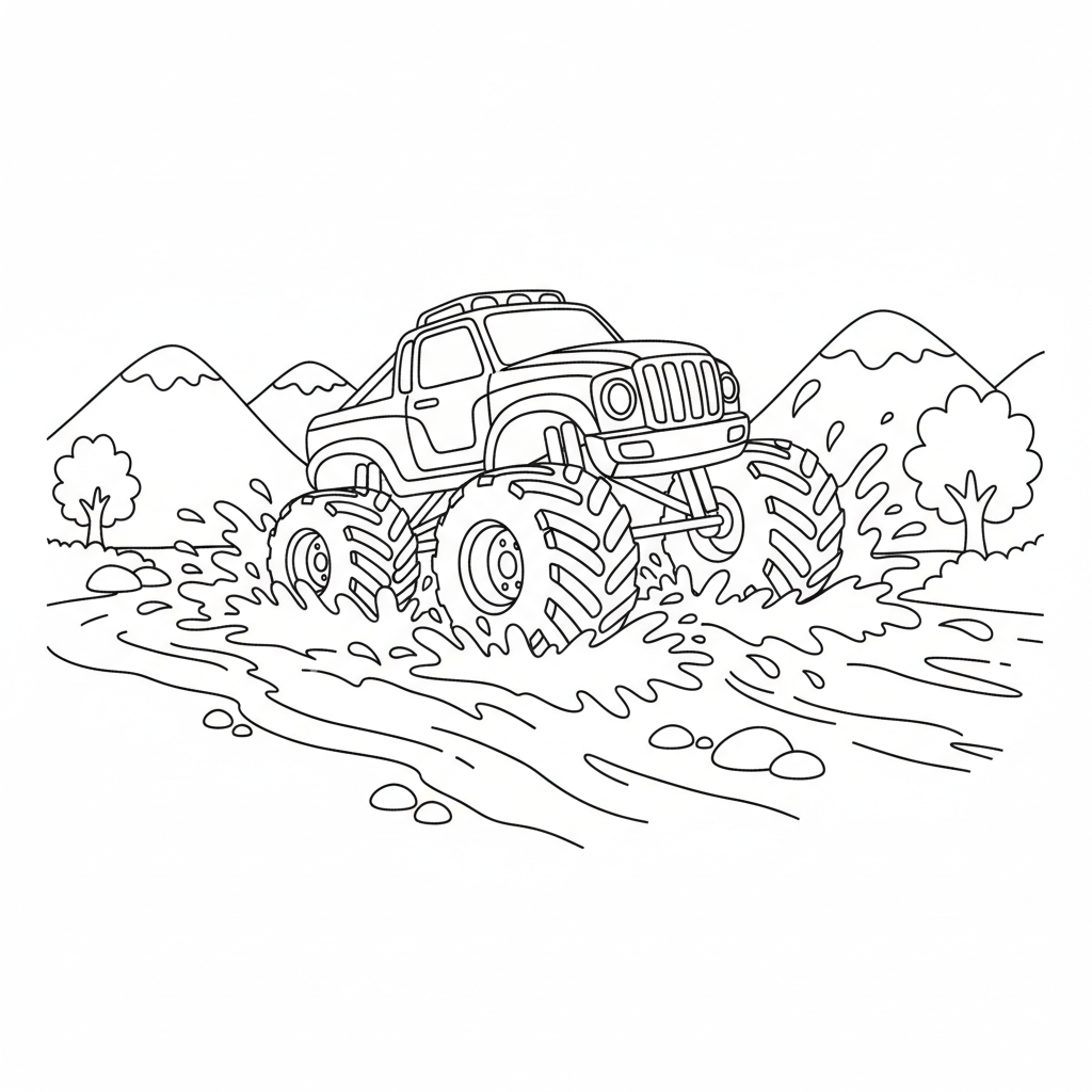 Een monstertruck rijdt door een diepe rivieroversteek. - Gratis afdrukbare kleurplaat
