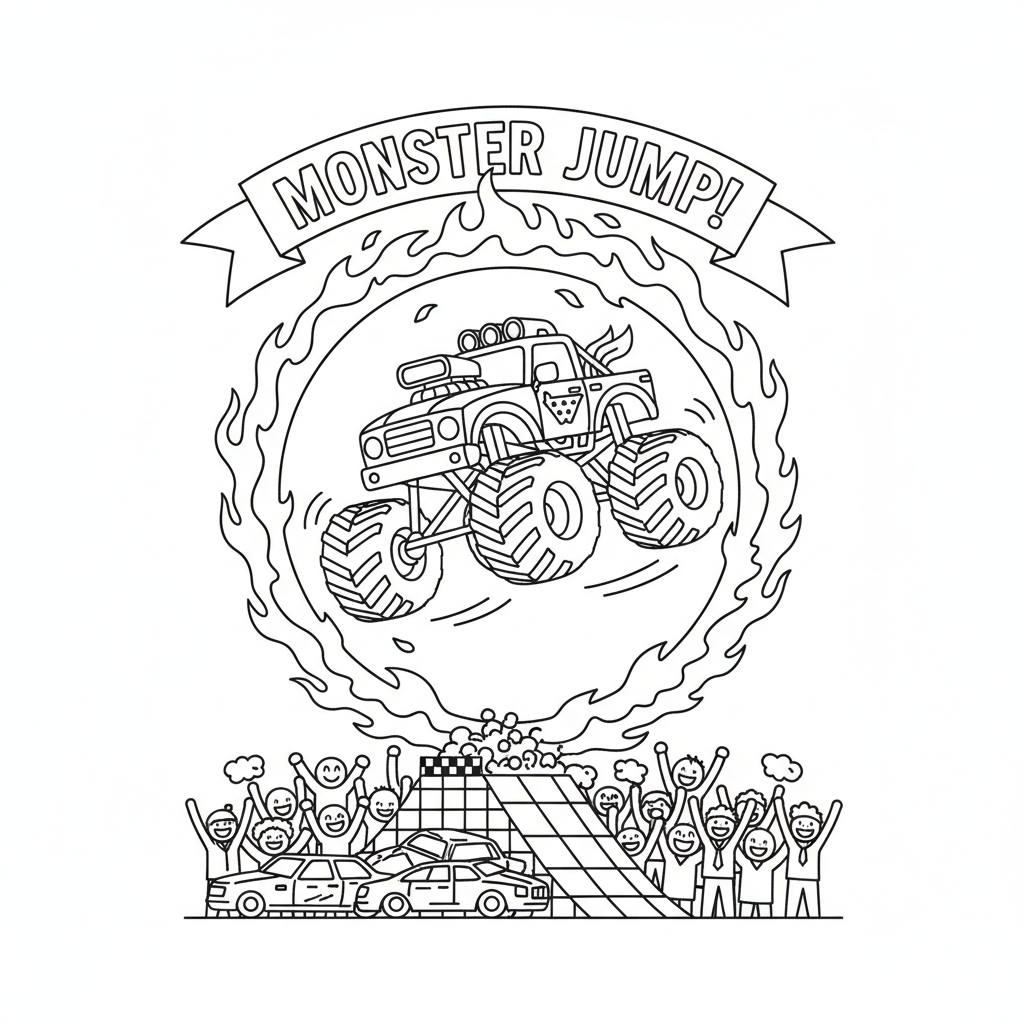 En monstertruck som flyger genom en stuntshow i eldringen - Gratis utskrivbar målarbild En monstertruck som flyger genom en stuntshow i eldringen - Gratis utskrivbar målarbild