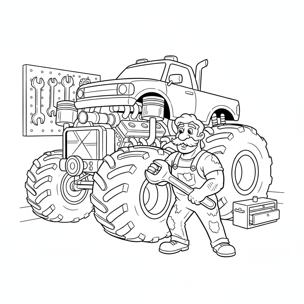 Een monteur van een monstertruck werkt aan een gigantische motorsleutel. - Gratis afdrukbare kleurplaat