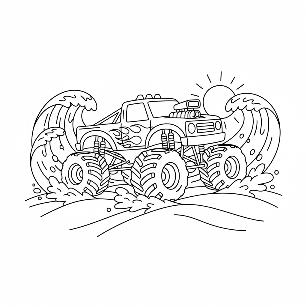 A monster truck on beach driving over sand dunes - Free Printable Coloring Page