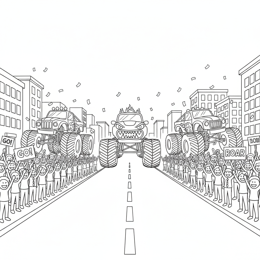 Een parade van monstertrucks door de straten van de stad, gejuich van de menigte. - Gratis afdrukbare kleurplaat