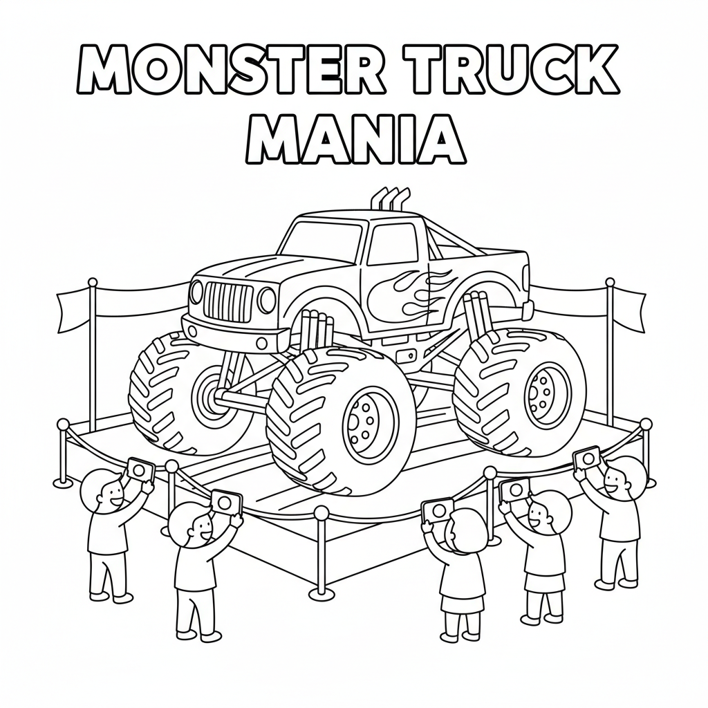 En monstertruck parkerad hos bilmässans fans som tar bilder - Free Printable Coloring Page En monstertruck parkerad hos bilmässans fans som tar bilder - Free Printable Coloring Page
