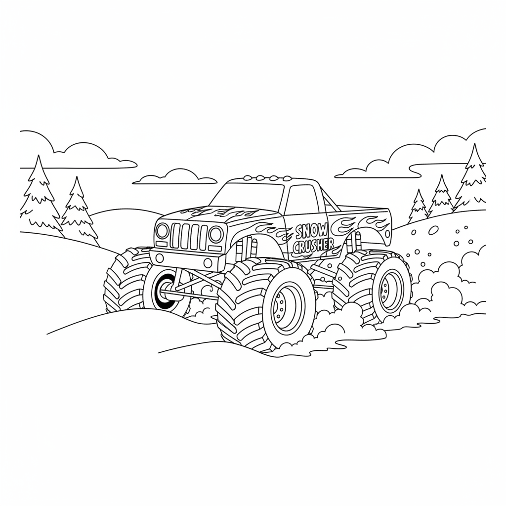 A monster truck plowing through deep snow winter scene - Free Printable Coloring Page