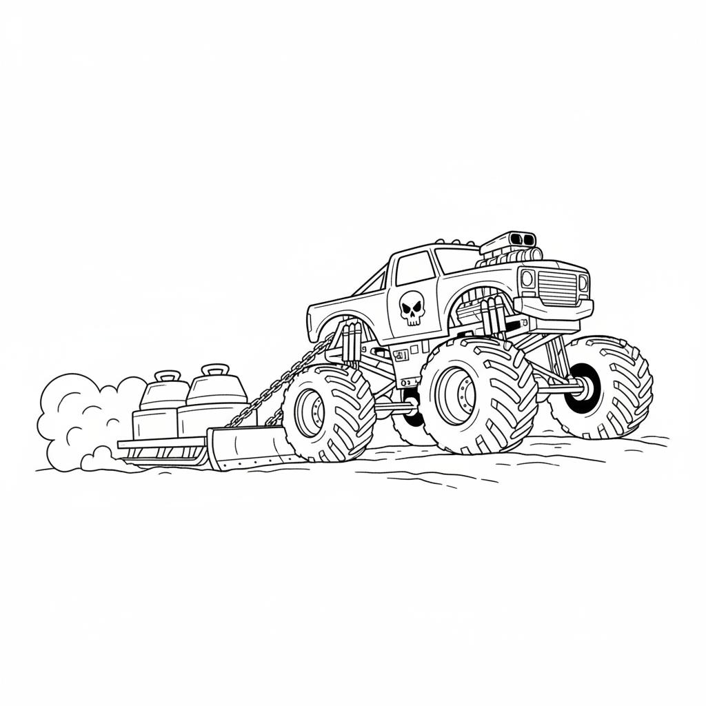 Een monstertruck trekt een wedstrijd met een kettingtrekker. Gewicht van een tractor. - Gratis afdrukbare kleurplaat