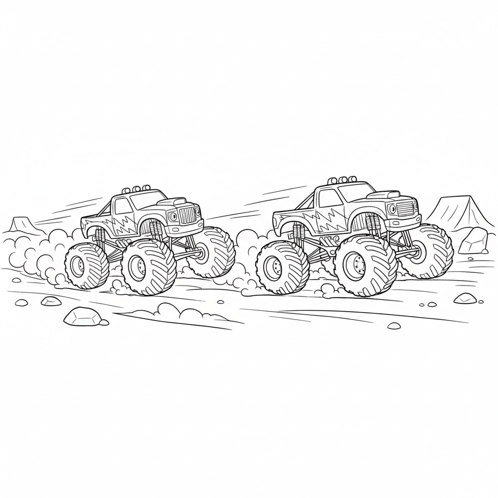 En monstertruck som kör sida vid sida på grusväg snabbt - Free Printable Coloring Page En monstertruck som kör sida vid sida på grusväg snabbt - Free Printable Coloring Page