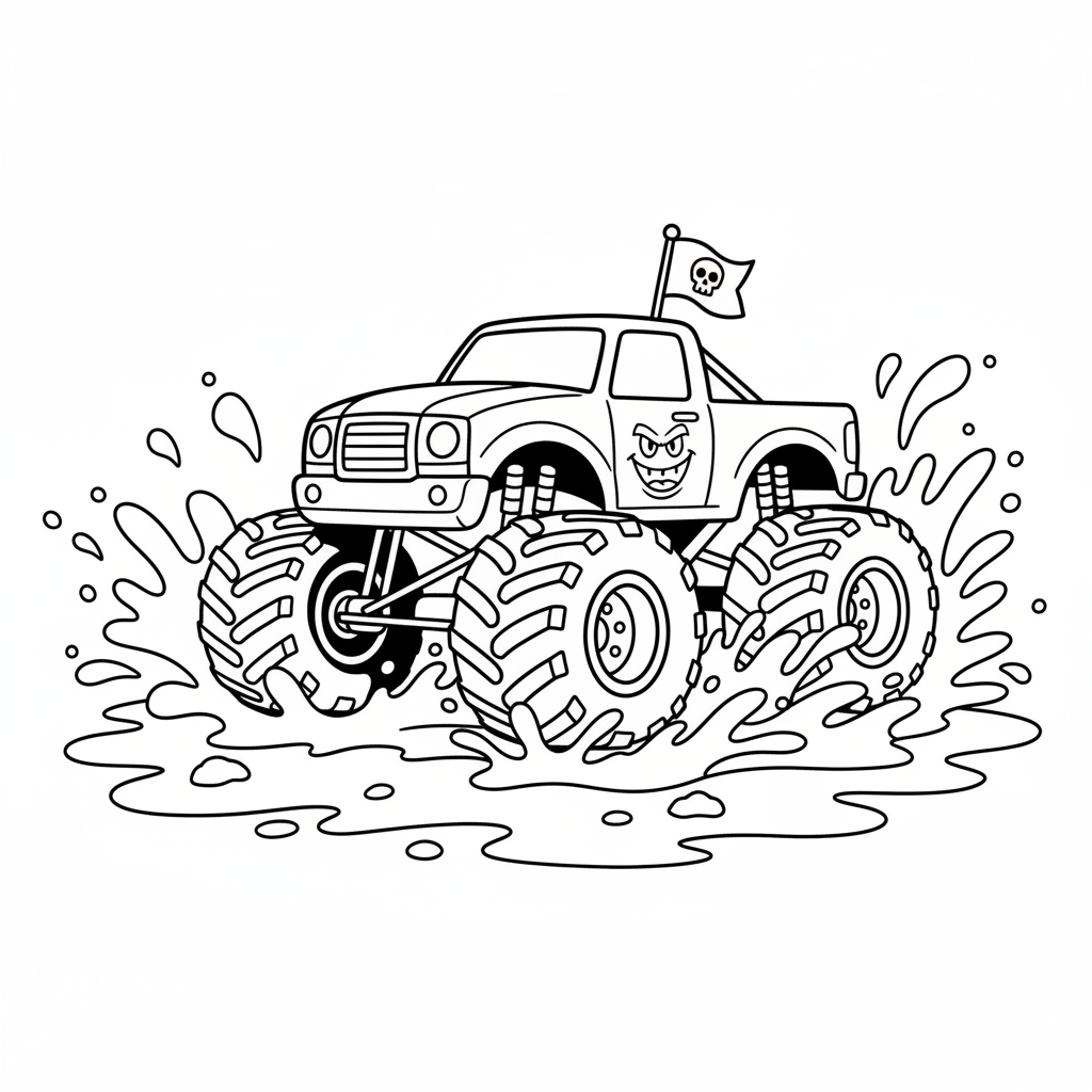 En monstertruck som tävlar genom lergropen och stänker spray - Gratis utskrivbar målarbild En monstertruck som tävlar genom lergropen och stänker spray - Gratis utskrivbar målarbild