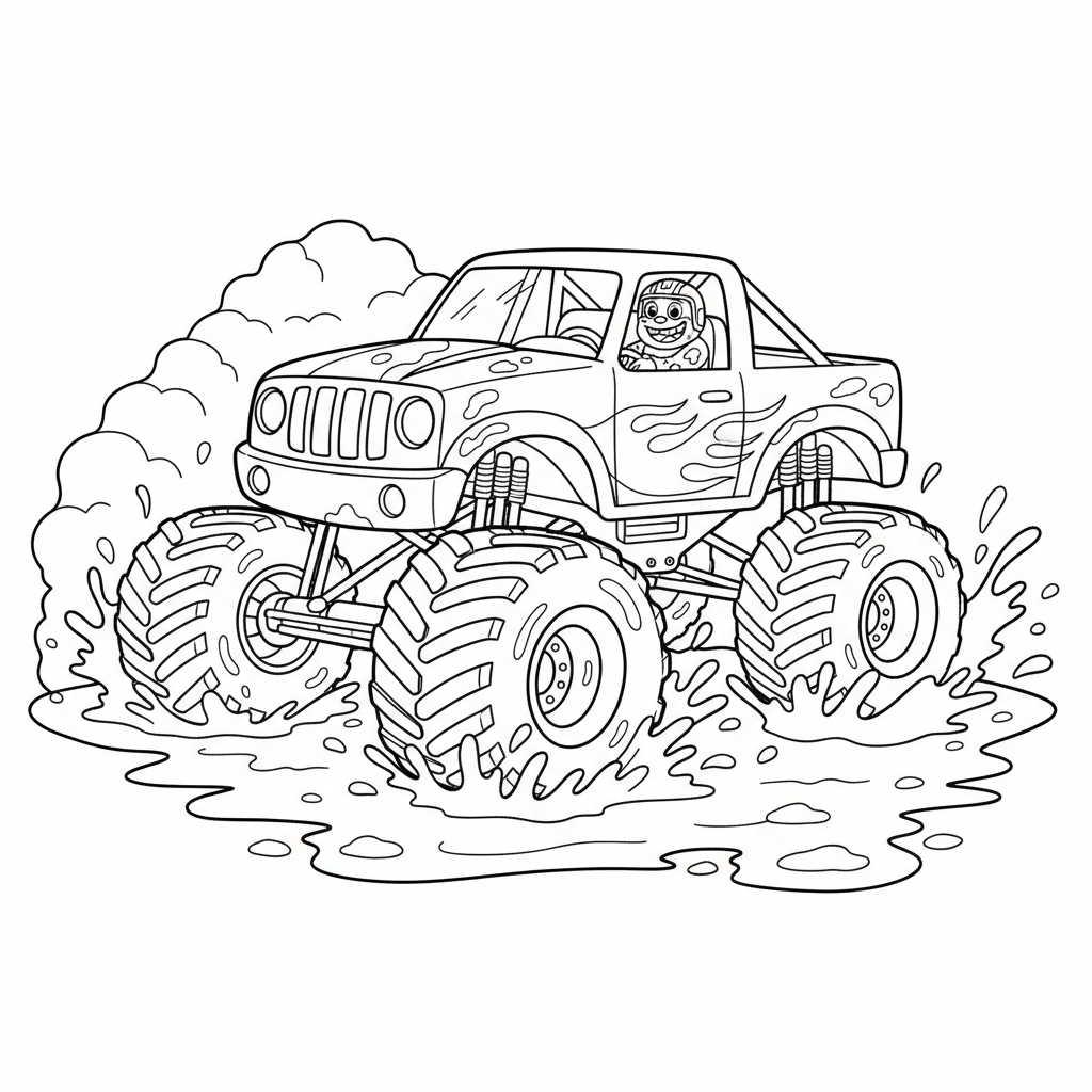 A monster truck stuck in deep mud pit spinning wheels - Free Printable Coloring Page A monster truck stuck in deep mud pit spinning wheels - Free Printable Coloring Page