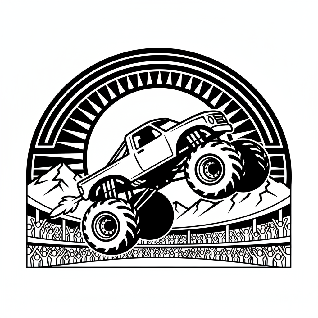 A monster truck sunset silhouette dramatic pose at arena - Free Printable Coloring Page A monster truck sunset silhouette dramatic pose at arena - Free Printable Coloring Page