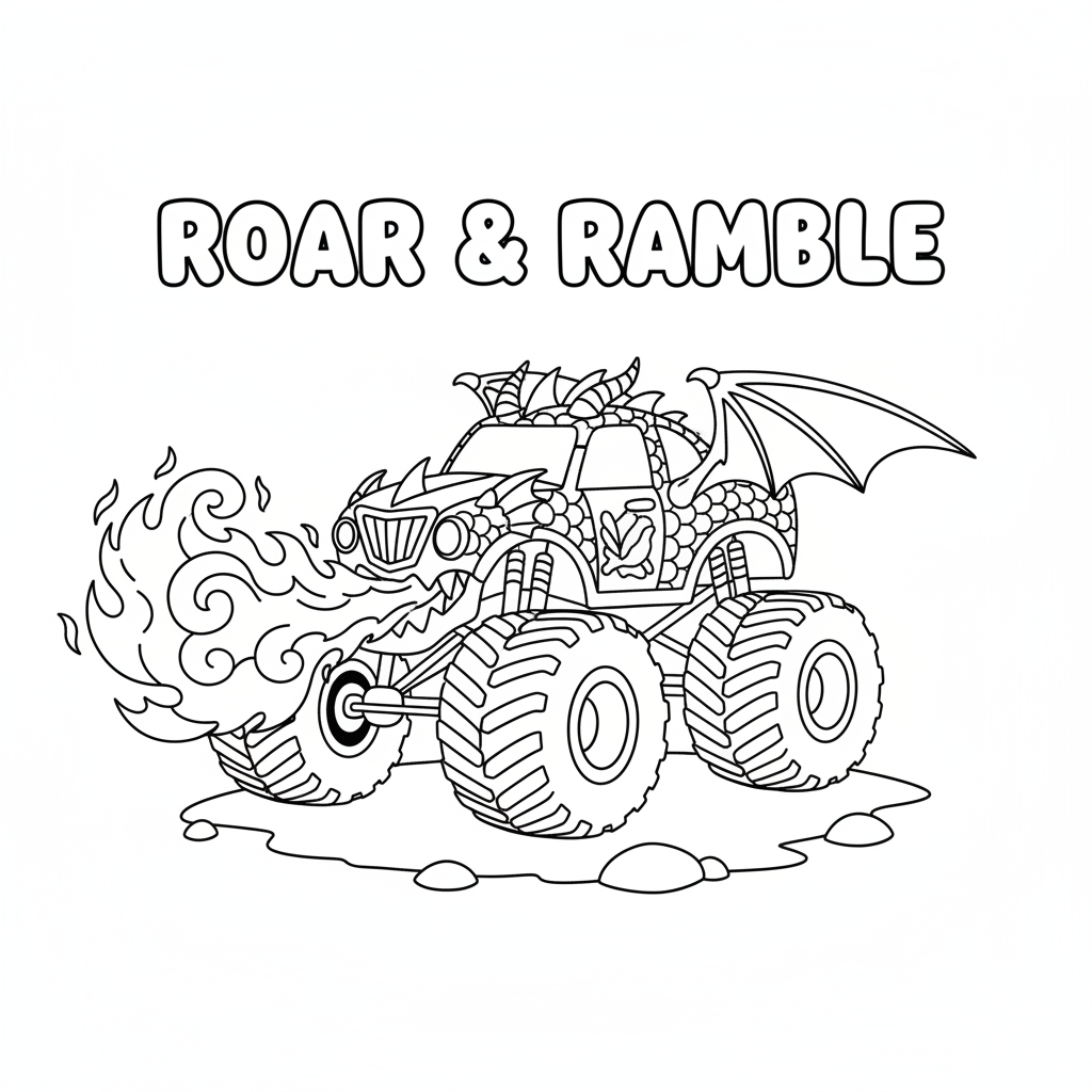 Een monstertruck met drakenschildering die vuur spuwt. - Gratis afdrukbare kleurplaat