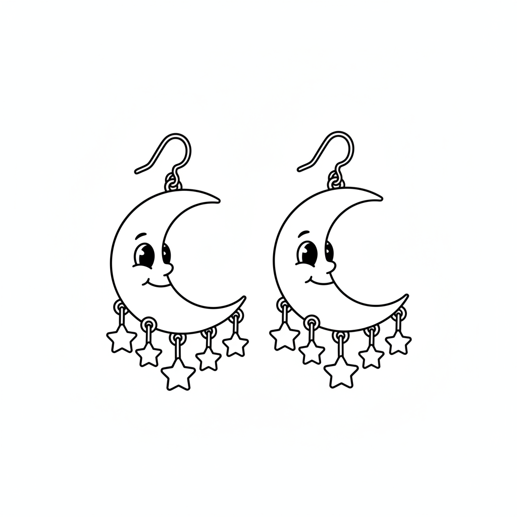 Oorbellen in de vorm van een halve maan, hemelse mode - Gratis afdrukbare kleurplaat
