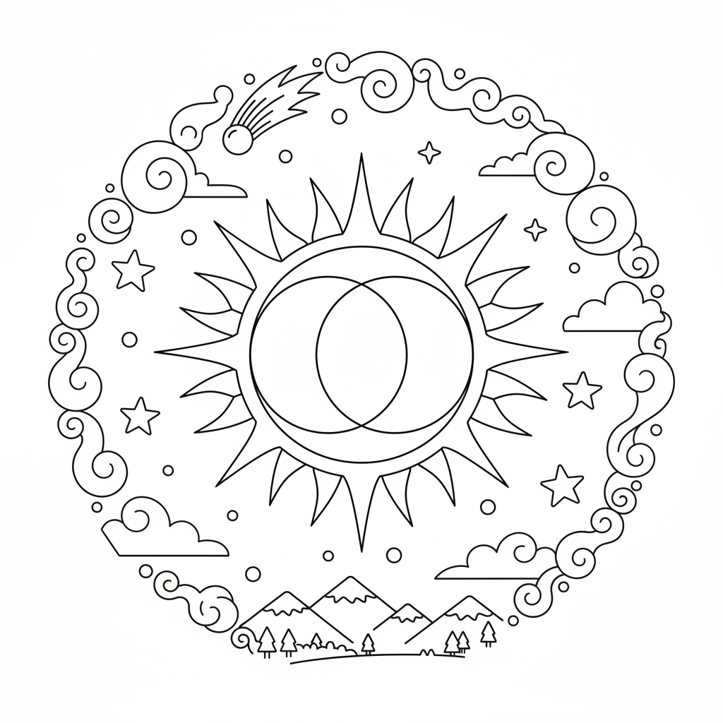 Moon and sun meeting during eclipse dramatic sky event - Free Printable Coloring Page