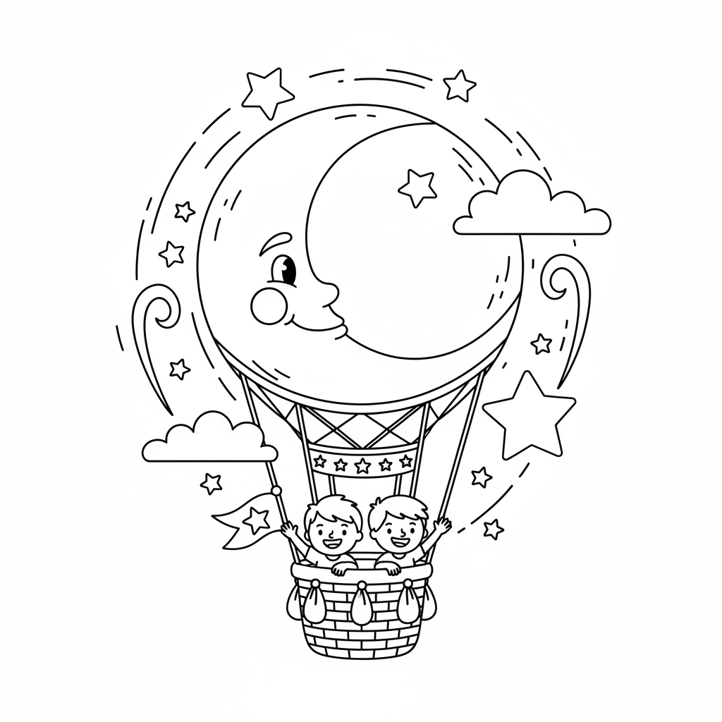 Maanballon zweeft omhoog in de nachtelijke hemel - Gratis afdrukbare kleurplaat