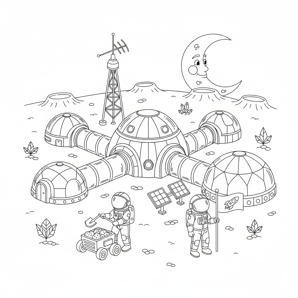 Colonie lunaire avec dômes et astronautes en activité - Coloriage gratuit à imprimer