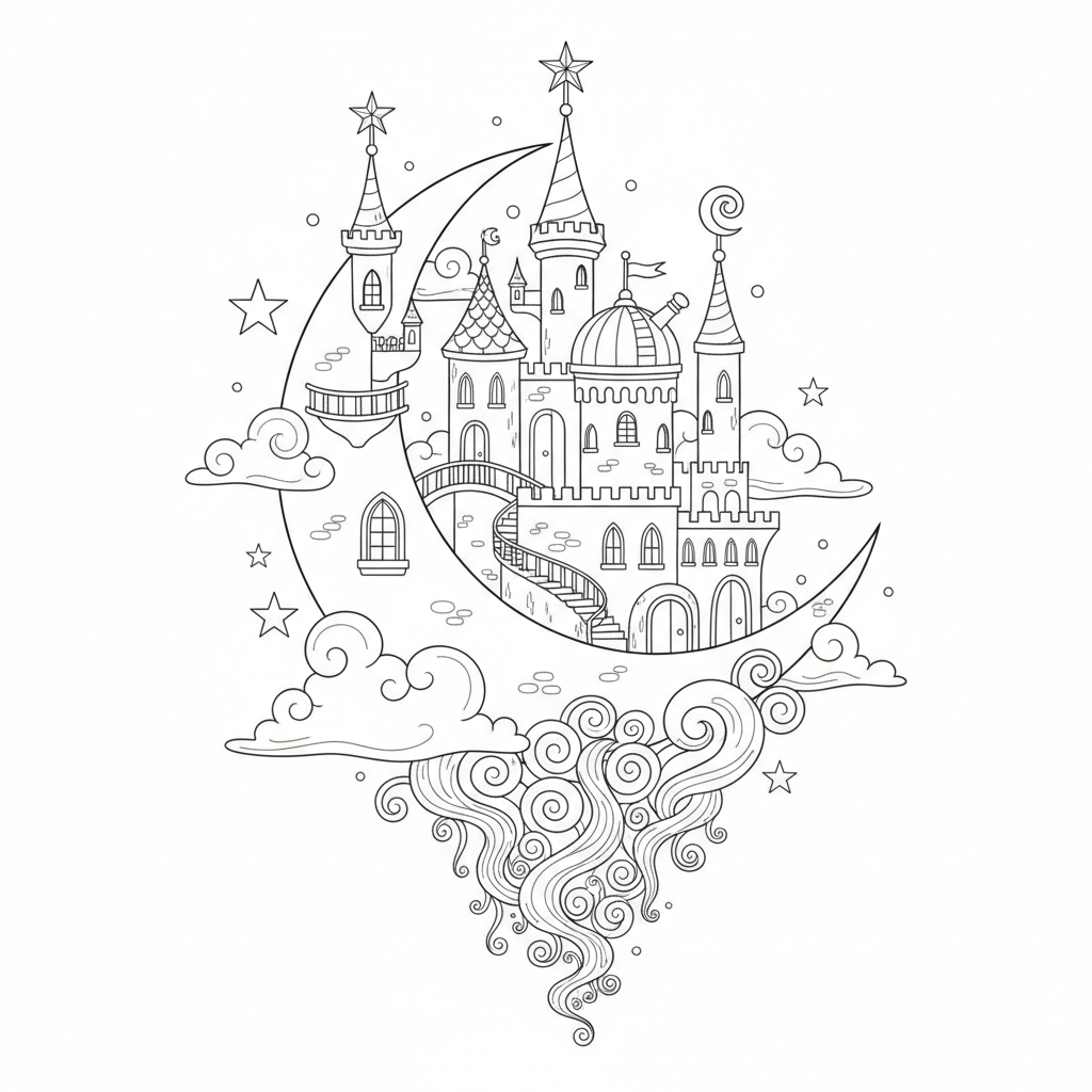 Mondschloss Fantasy - Kostenloses druckbares Ausmalbild