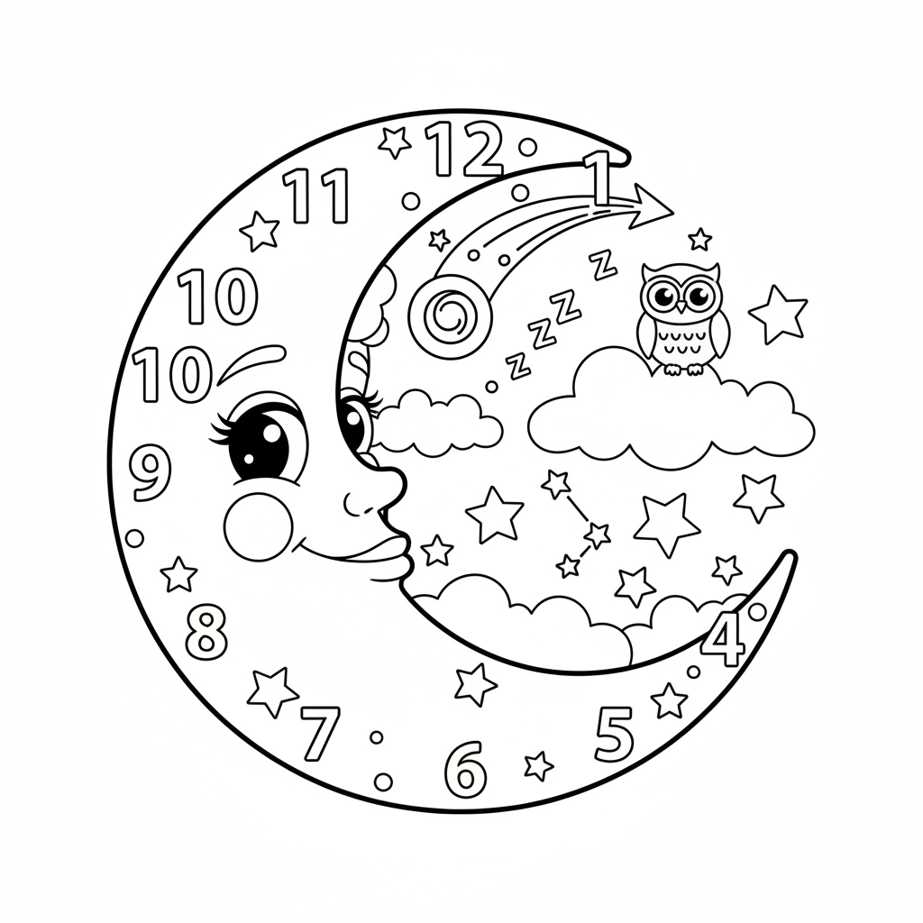 Månklockans urtavla, tid, nattetimmar visas - Gratis utskrivbar målarbild