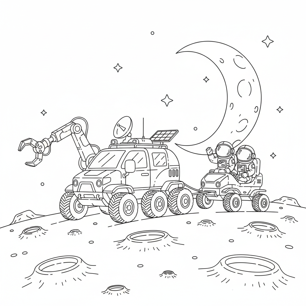Moon Explorer Rover Driving - Free Printable Coloring Page Moon Explorer Rover Driving - Free Printable Coloring Page