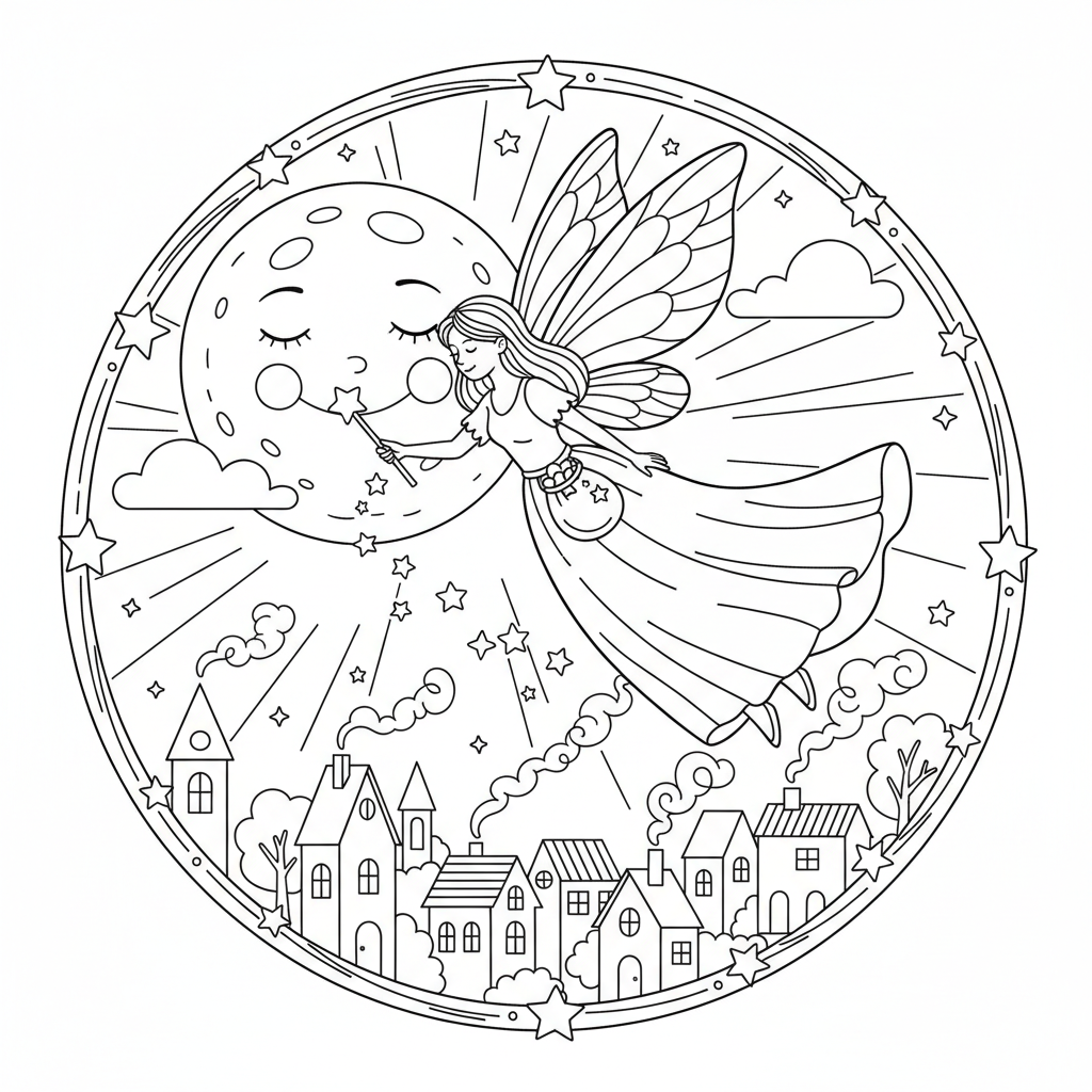 Moon fairy sprinkling stardust over sleeping village - Free Printable Coloring Page