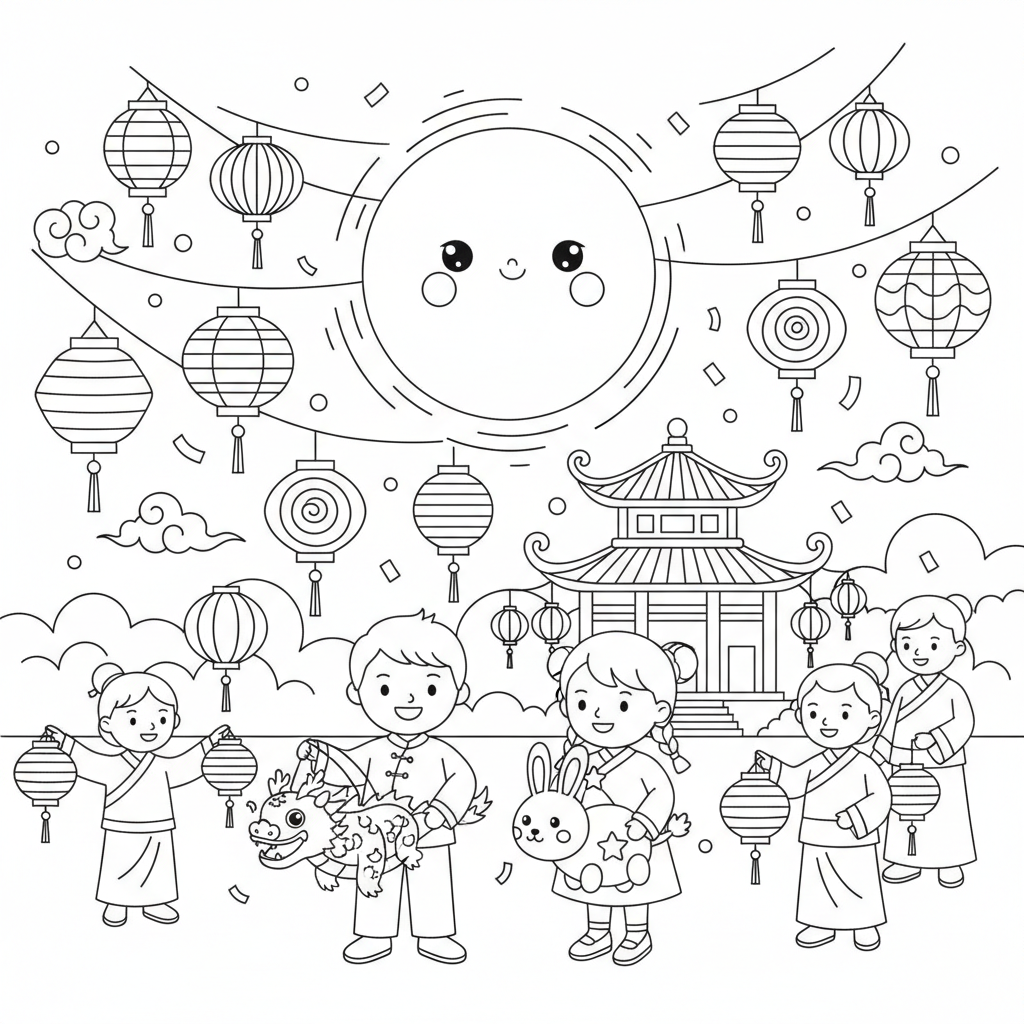 Moon lantern festival celebration light glowing - Free Printable Coloring Page Moon lantern festival celebration light glowing - Free Printable Coloring Page