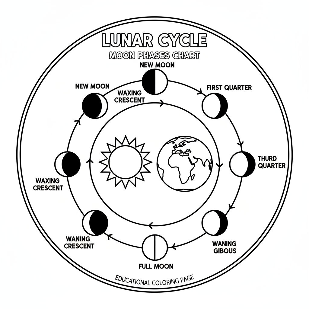 Conception d'un graphique des phases de la lune pour l'apprentissage du cycle lunaire - Free Printable Coloring Page