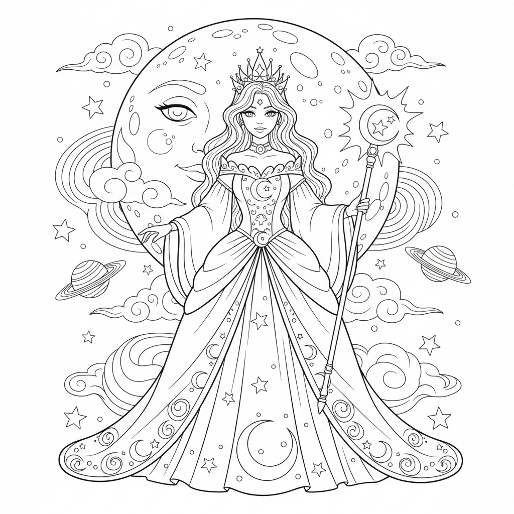 Moon Princess In Gown - Free Printable Coloring Page Moon Princess In Gown - Free Printable Coloring Page