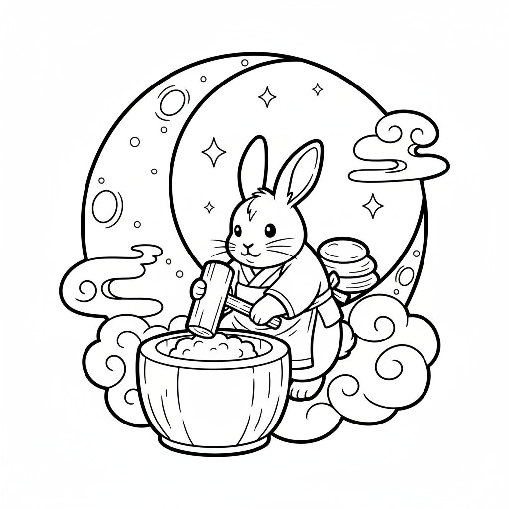La créature légendaire du lapin lunaire qui fabrique des gâteaux de riz - Free Printable Coloring Page