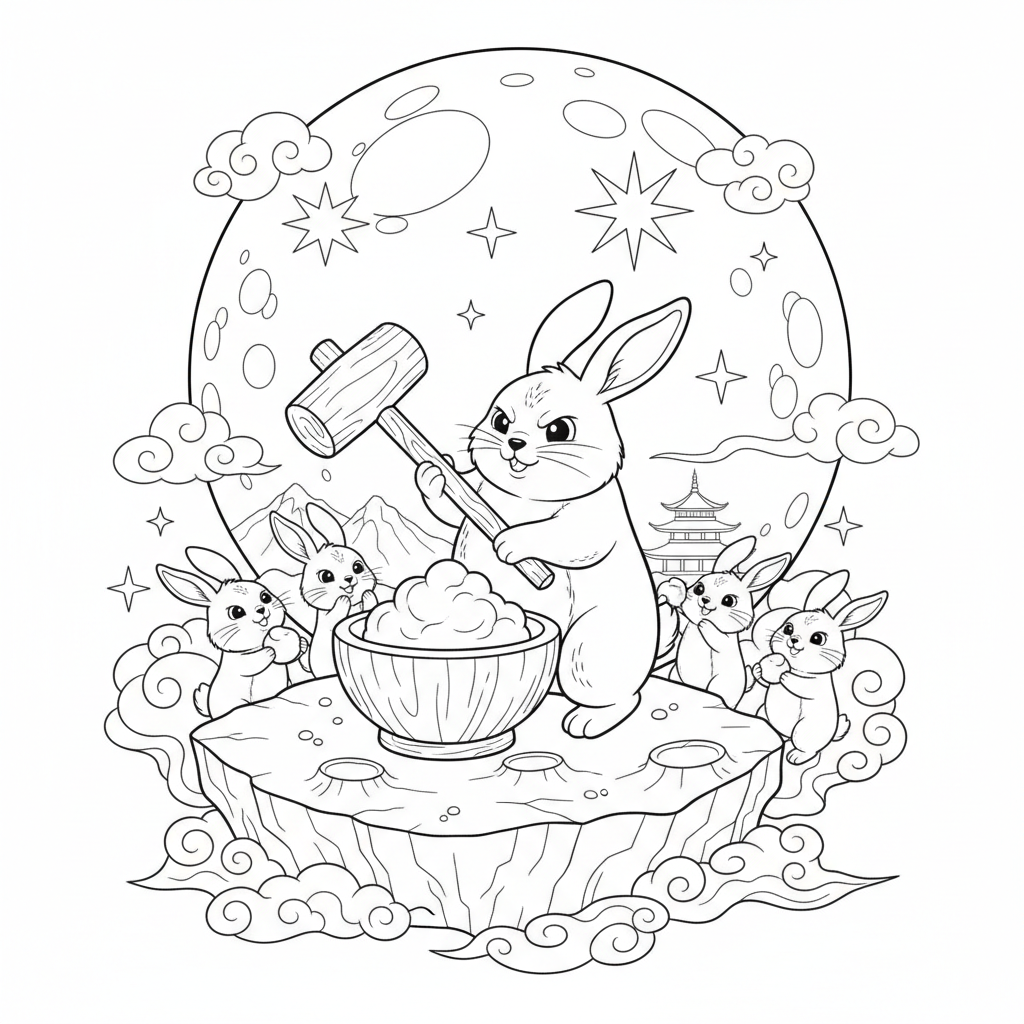 Moon Rabbit Legend Scene Coloring Page - Free Printable
