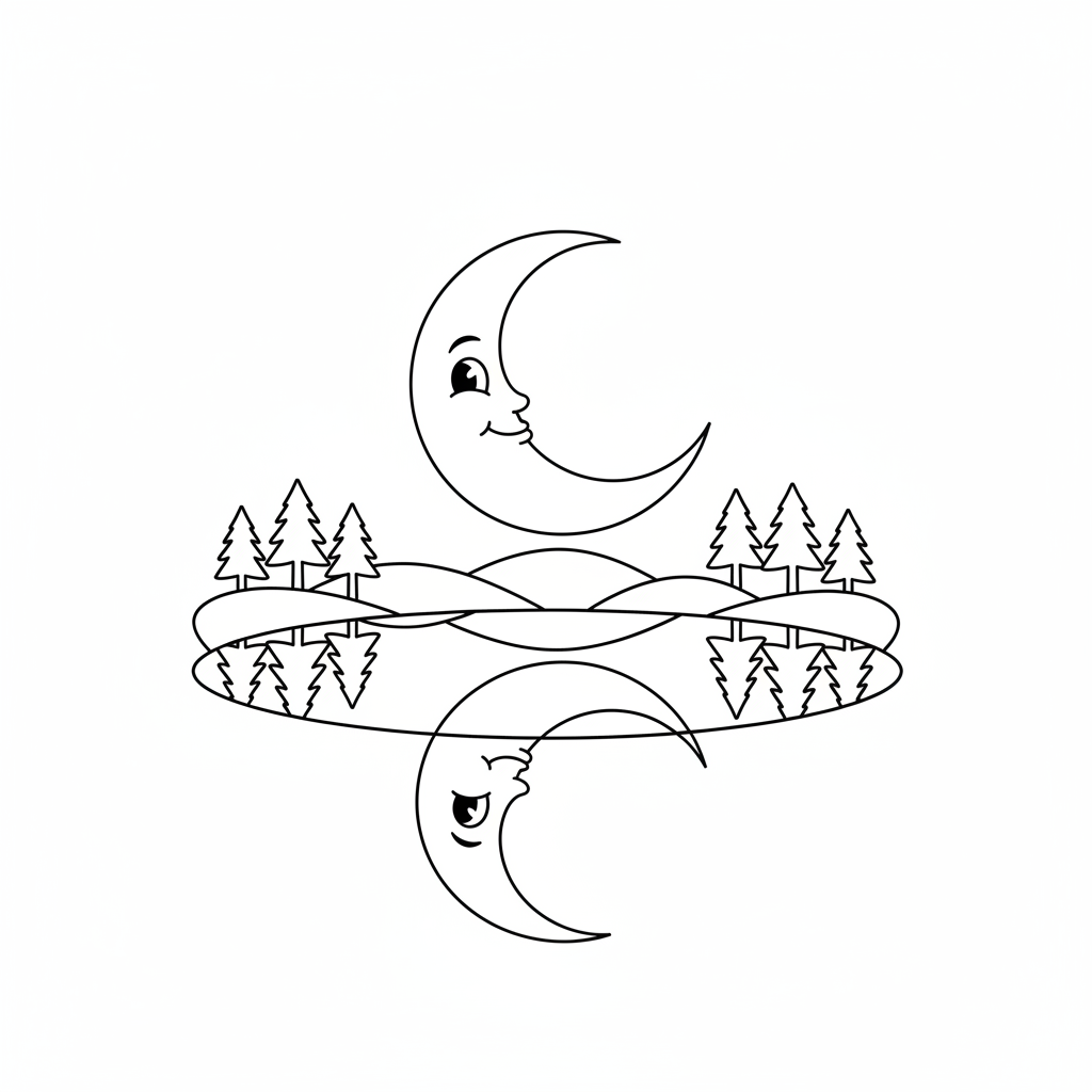 Moon reflected perfectly in still lake mirror water - Free Printable Coloring Page
