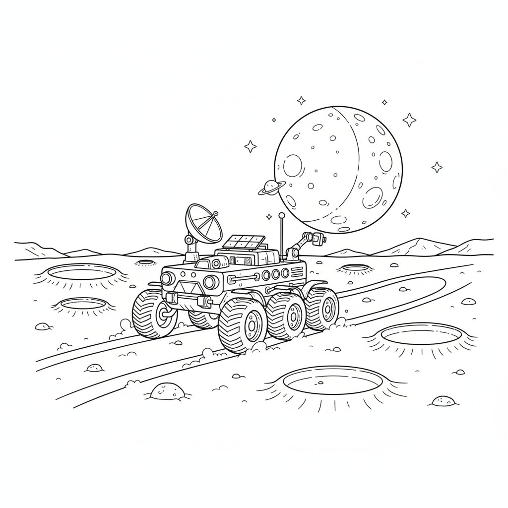 Moon rover vehicle exploring crater landscape tracks - Free Printable Coloring Page