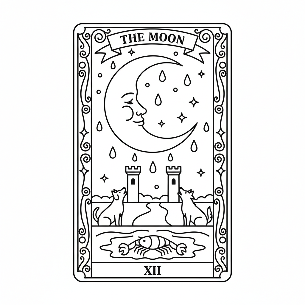 Mystieke waarzeggerij met de Maan tarotkaart - Gratis afdrukbare kleurplaat