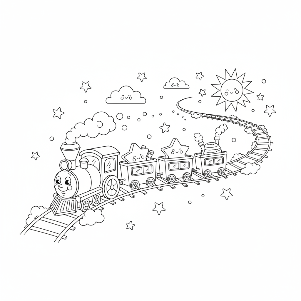 Moon train traveling on railway track across night sky - Free Printable Coloring Page
