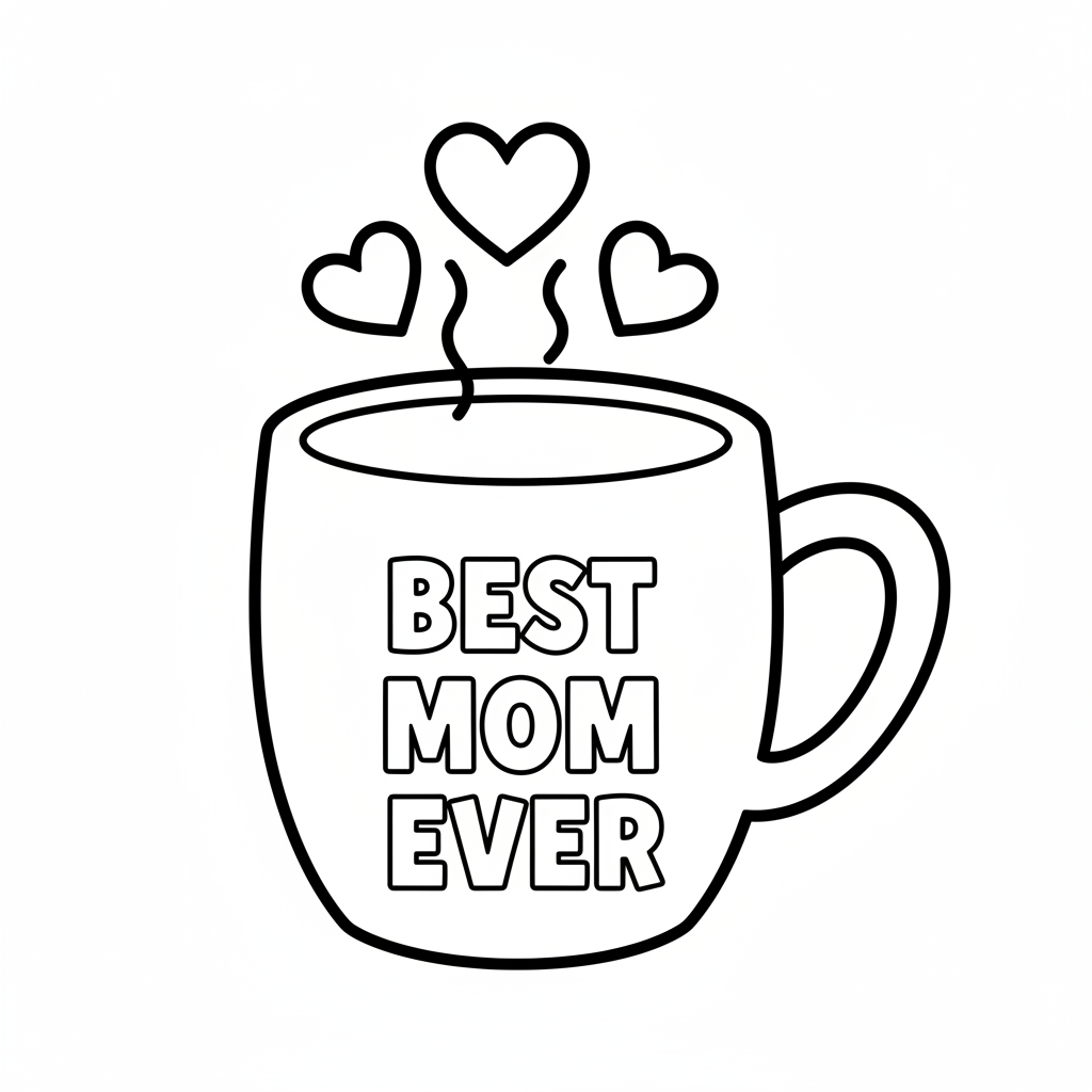 Mug à café avec l'inscription « Meilleure maman du monde » et des cœurs fumants qui s'élèvent. - Coloriage gratuit à imprimer