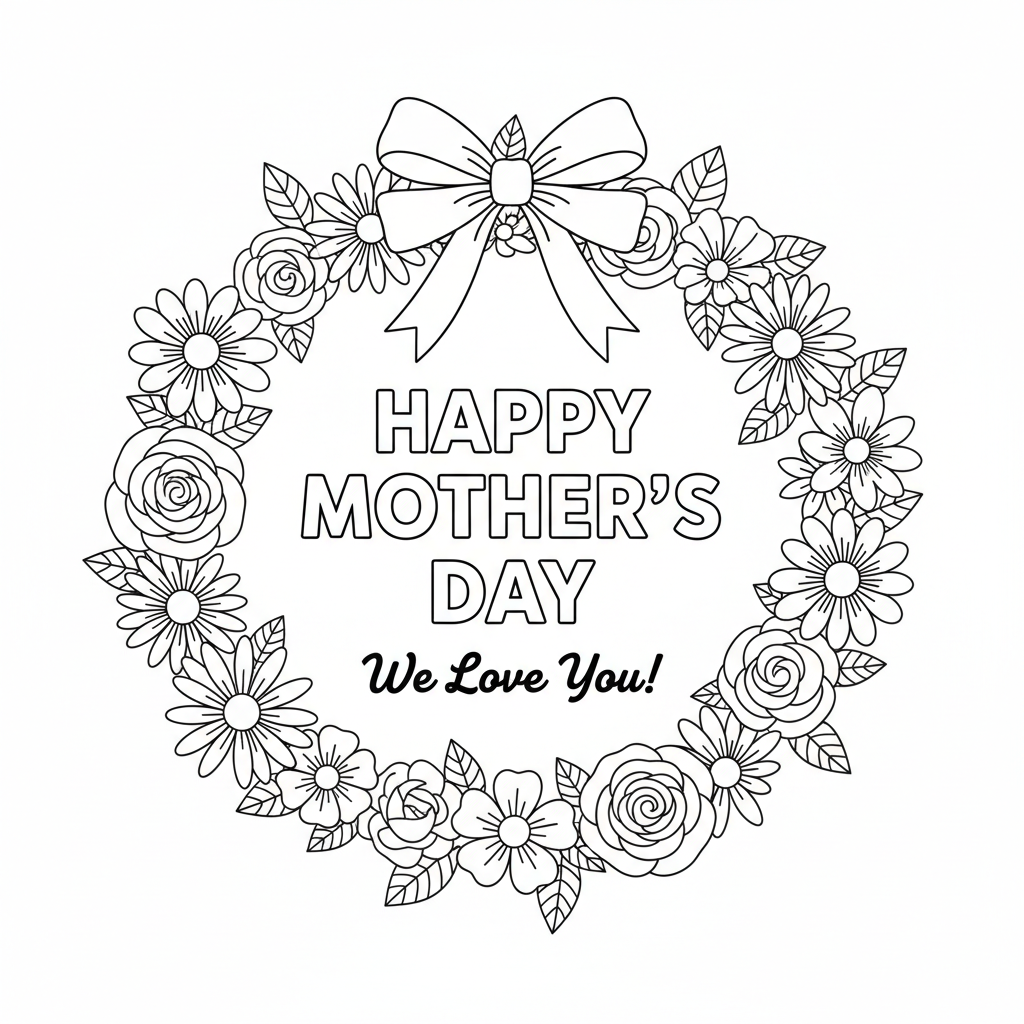 Couronne de fleurs avec nœud et vœux pour la fête des mères - Coloriage gratuit à imprimer
