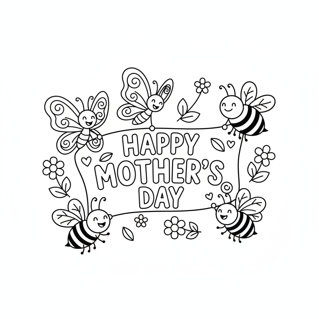 Happy mothers day banner held by butterflies and bees simple - Free Printable Coloring Page Happy mothers day banner held by butterflies and bees simple - Free Printable Coloring Page