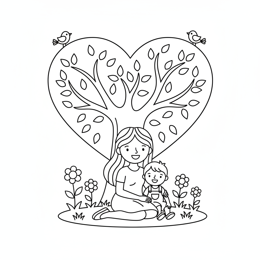 Arbre en forme de cœur avec une maman et son enfant assis dessous - Coloriage gratuit à imprimer
