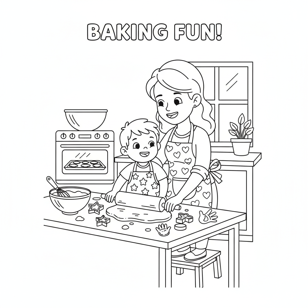 Mom and child baking cookies together in kitchen with aprons - Free Printable Coloring Page Mom and child baking cookies together in kitchen with aprons - Free Printable Coloring Page