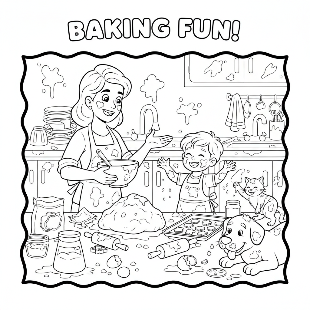 Mom and child baking cookies together kitchen messy fun - Free Printable Coloring Page