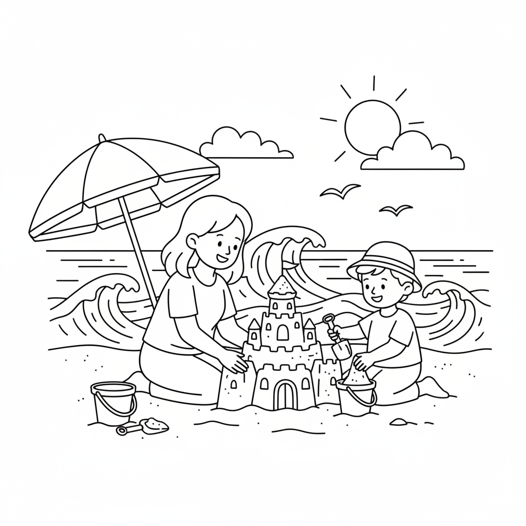 Une mère et son enfant construisent ensemble un château de sable sur la plage. - Coloriage gratuit à imprimer
