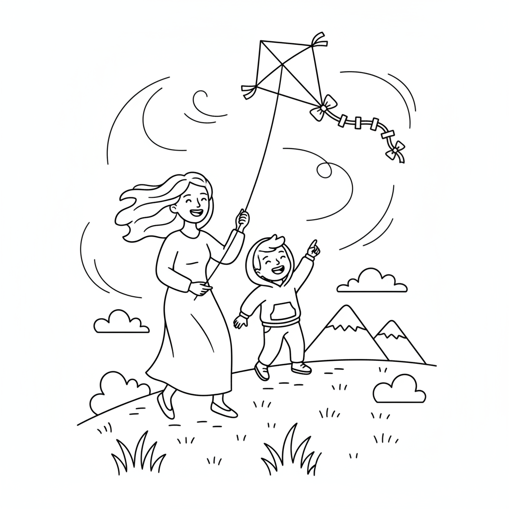 Une mère et son enfant font voler un cerf-volant ensemble sur une colline venteuse. - Coloriage gratuit à imprimer