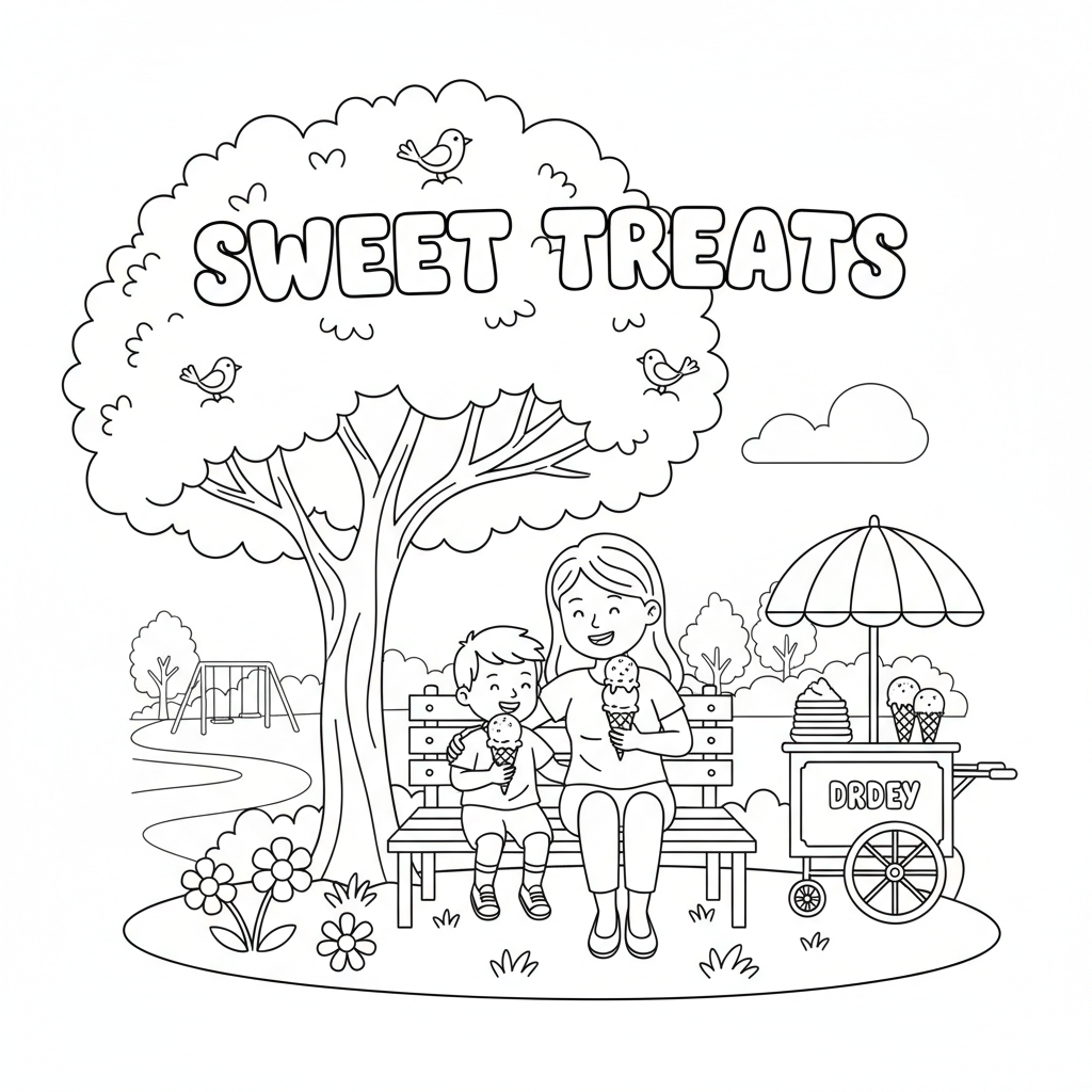 Une mère et son enfant mangent une glace ensemble sur un banc du parc. - Coloriage gratuit à imprimer