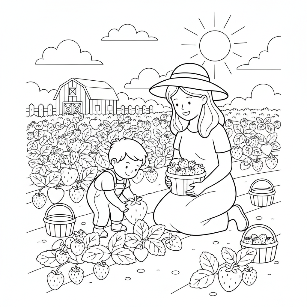 Une mère et son enfant cueillent des fraises dans un champ. - Coloriage gratuit à imprimer