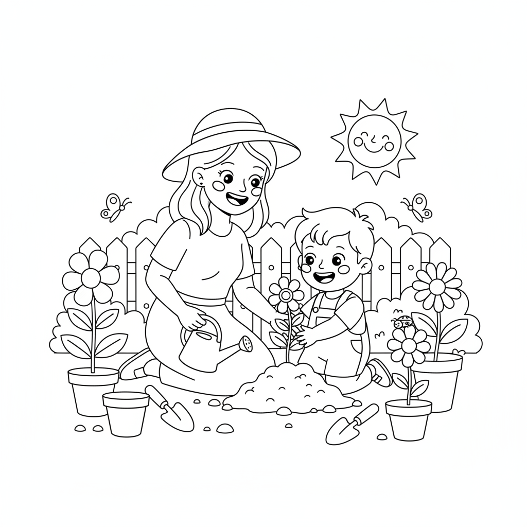 Mom and child planting flowers together in garden - Free Printable Coloring Page Mom and child planting flowers together in garden - Free Printable Coloring Page