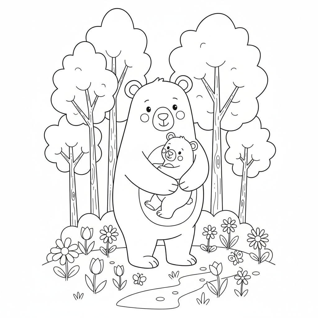 Mom bear hugging baby bear in forest with wildflowers - Free Printable Coloring Page Mom bear hugging baby bear in forest with wildflowers - Free Printable Coloring Page