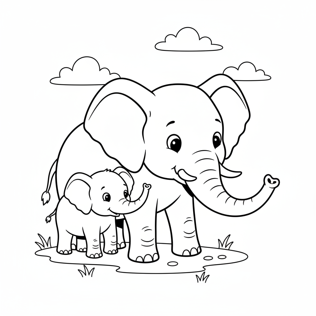 Mom elephant walking with baby elephant trunks touching - Free Printable Coloring Page Mom elephant walking with baby elephant trunks touching - Free Printable Coloring Page