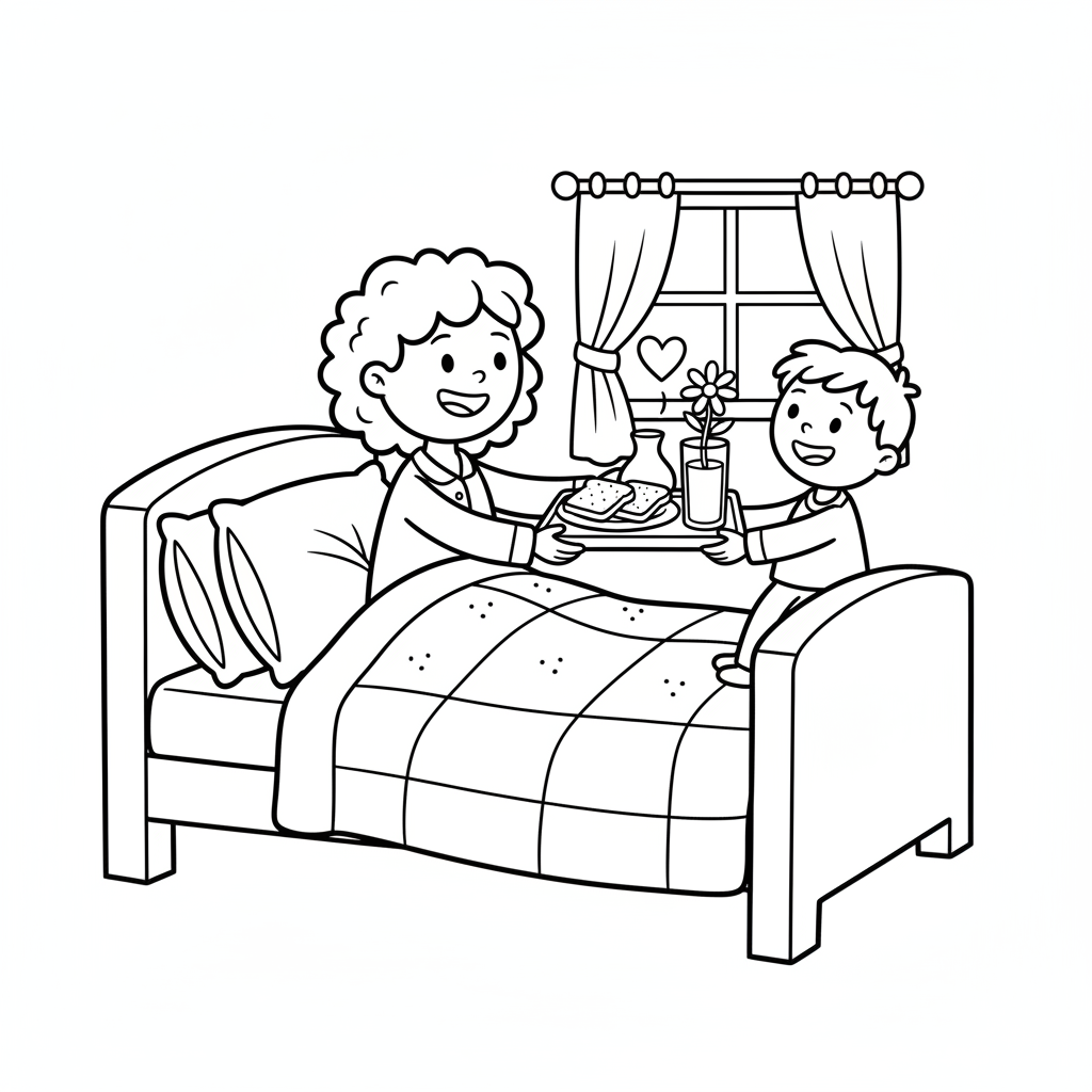 Maman prépare le plateau du petit-déjeuner avec des toasts, du jus et un vase à fleurs. - Free Printable Coloring Page