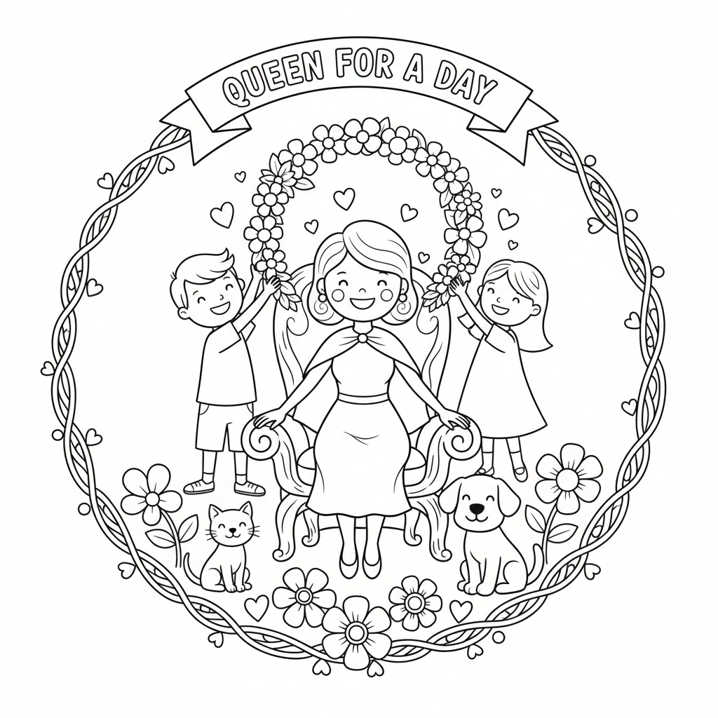 La mamma viene incoronata regina delle ghirlande di fiori per un giorno. - Disegno da colorare gratuito