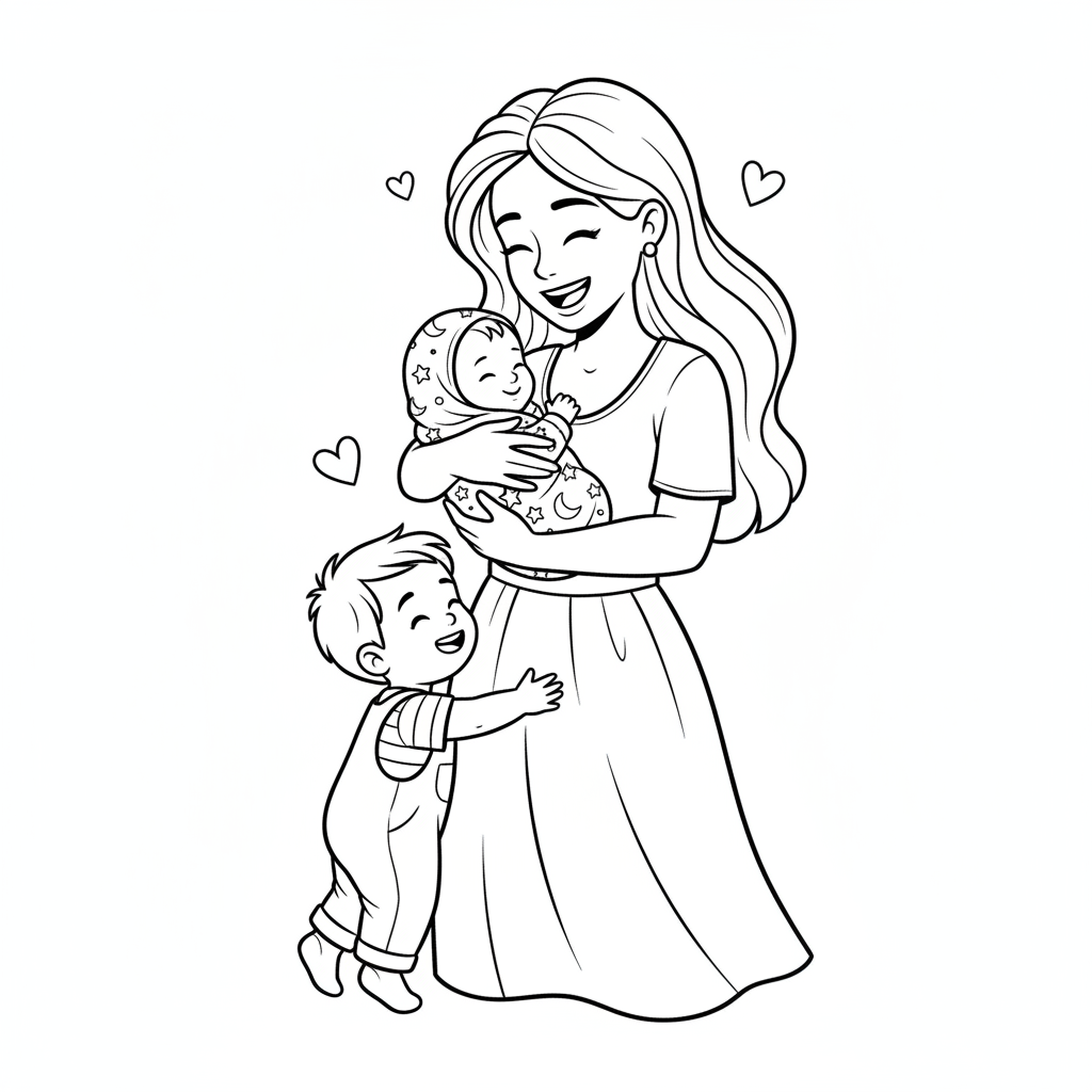 Maman tient son bébé dans les bras de son tout-petit qui lui serre la jambe, c'est adorable. - Free Printable Coloring Page