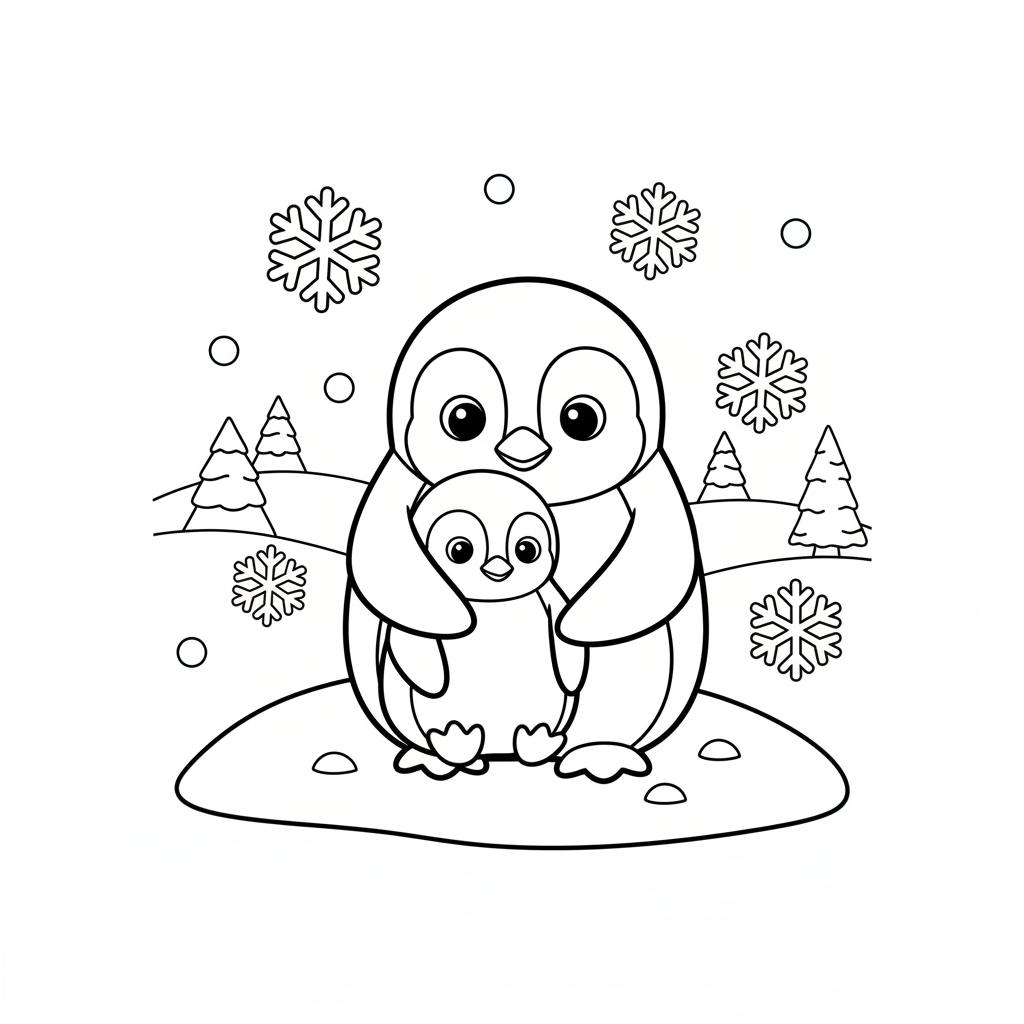 Une maman pingouin garde son bébé pingouin au chaud dans une scène enneigée - Coloriage gratuit à imprimer