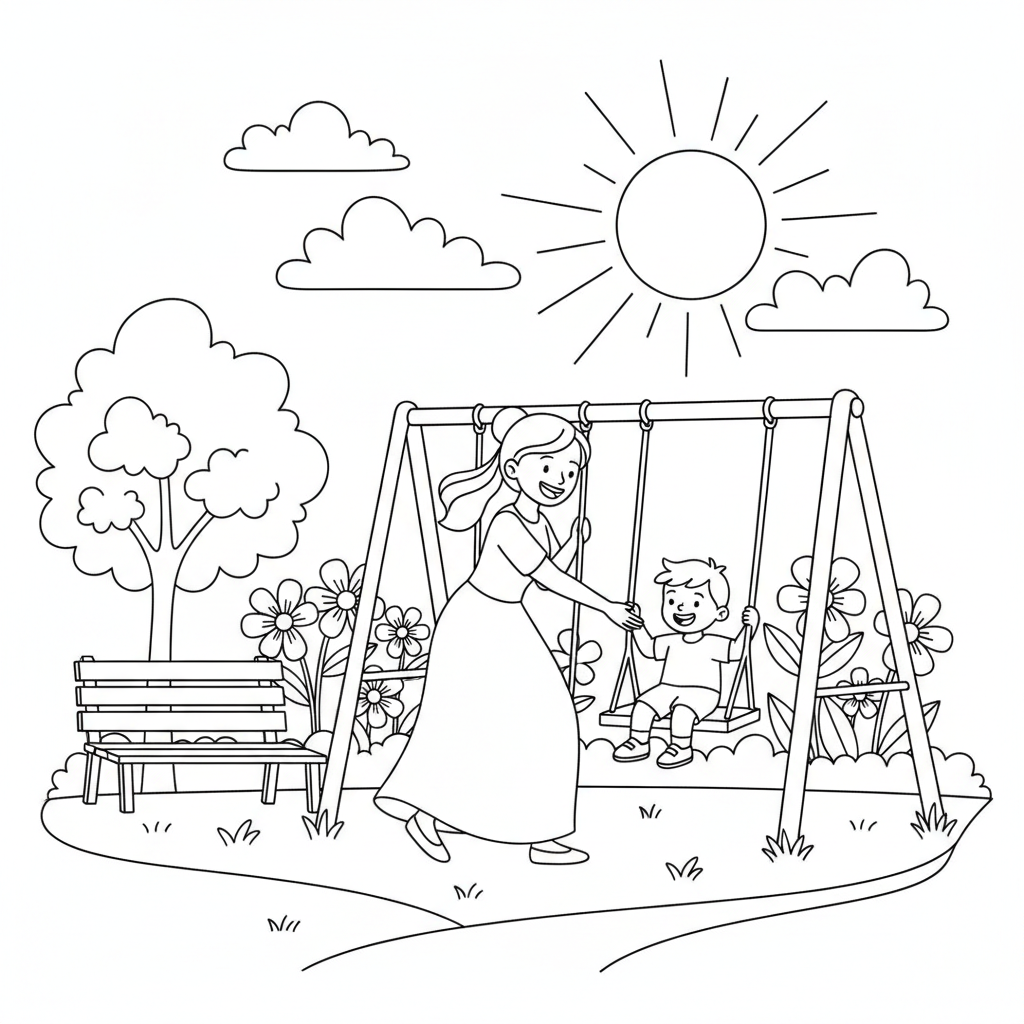 Mom pushing child on swing set in sunny park - Free Printable Coloring Page Mom pushing child on swing set in sunny park - Free Printable Coloring Page
