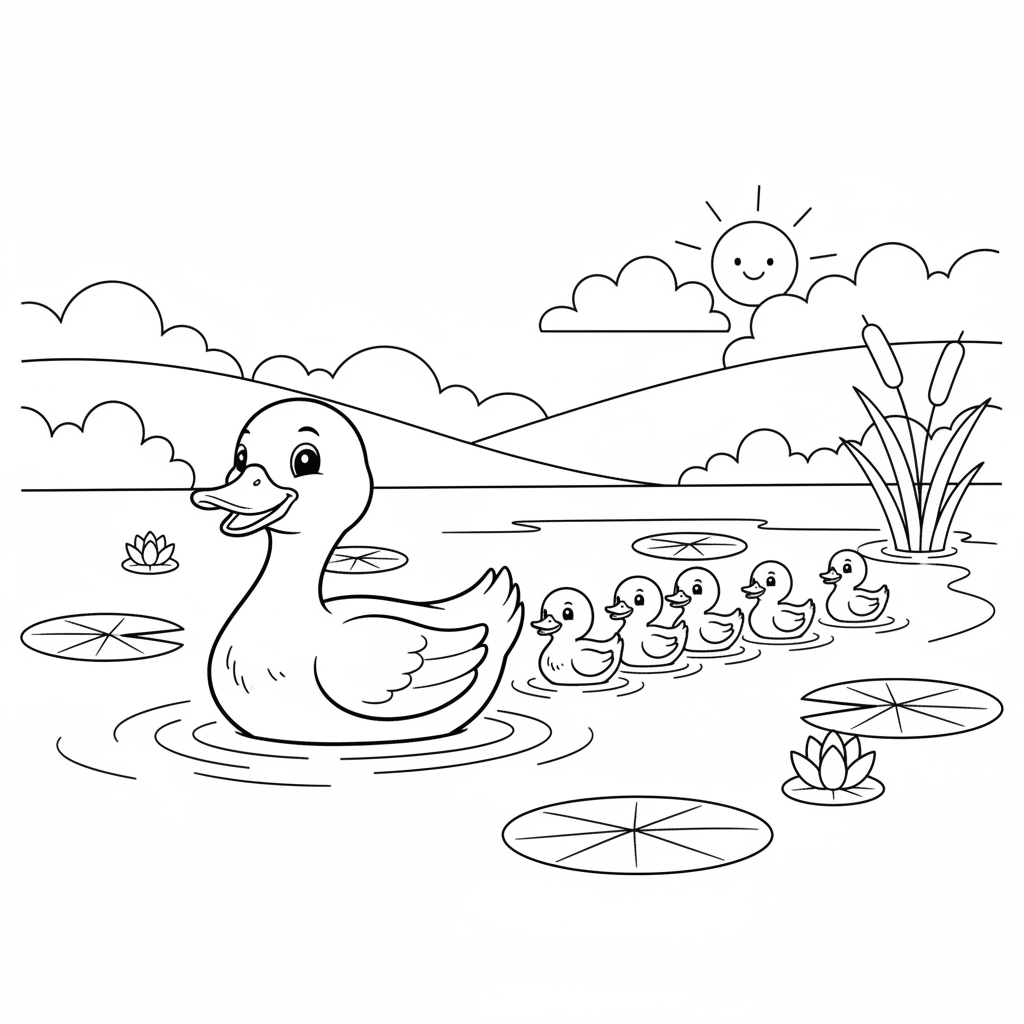 Canard femelle menant une rangée de canetons à travers l'étang - Coloriage gratuit à imprimer