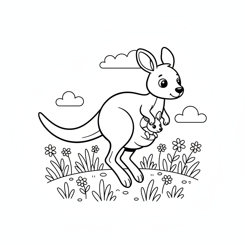 Une maman kangourou avec son petit dans sa poche sautille dans une prairie - Free Printable Coloring Page